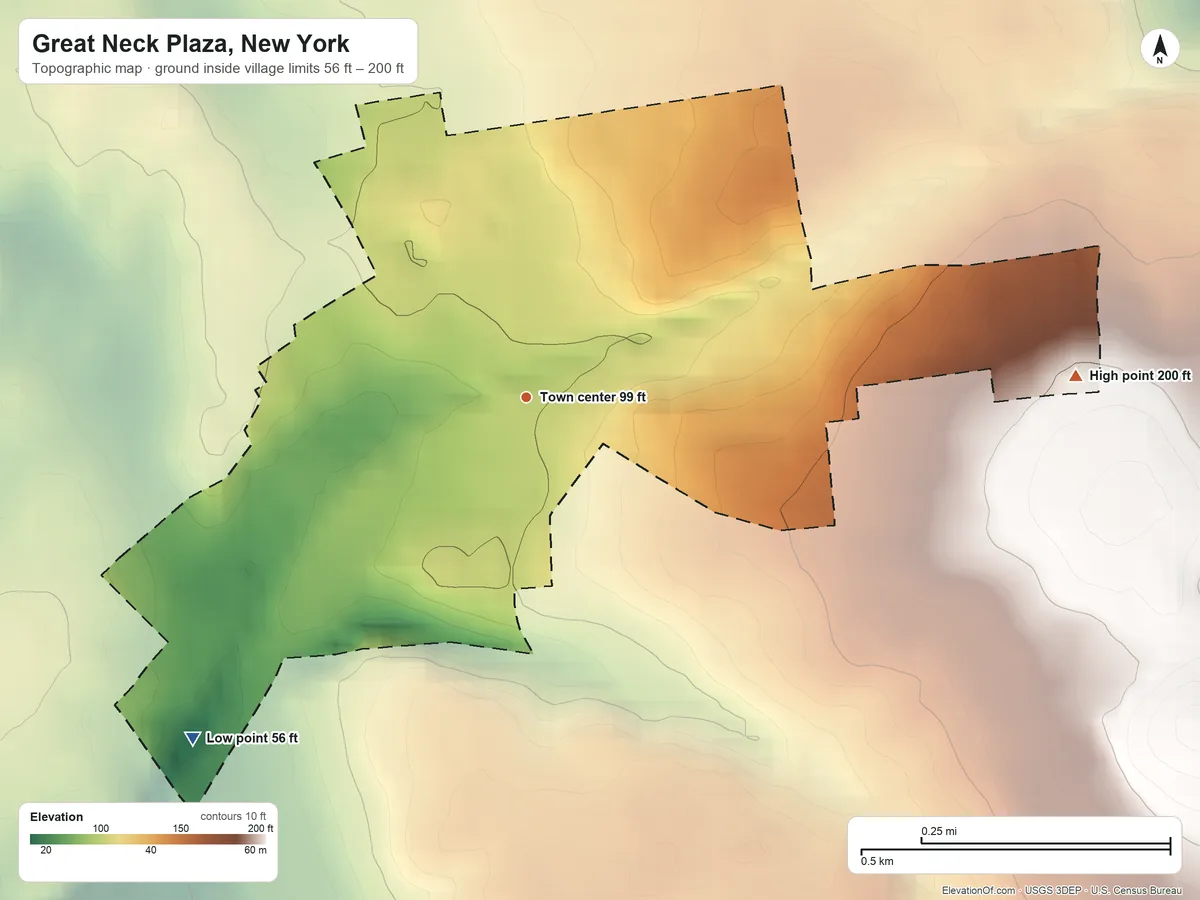 Topographic elevation map of Great Neck Plaza, New York, shaded from 56 ft on the southwest side to 200 ft on the east side