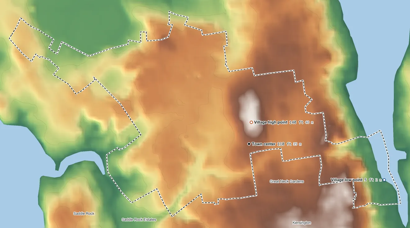 Topographic elevation map of Great Neck, New York, shaded from 5 ft on the east side to 140 ft near the middle