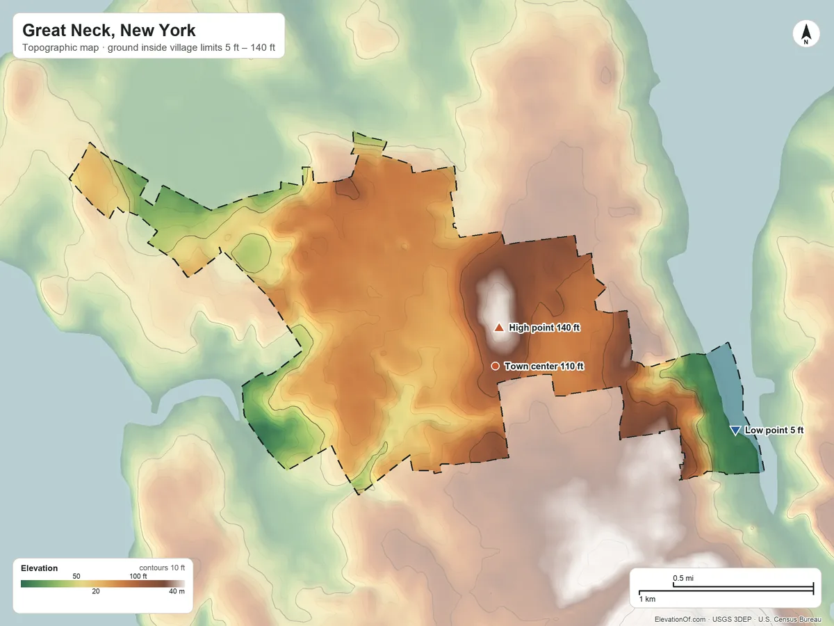Topographic elevation map of Great Neck, New York, shaded from 5 ft on the east side to 140 ft near the middle