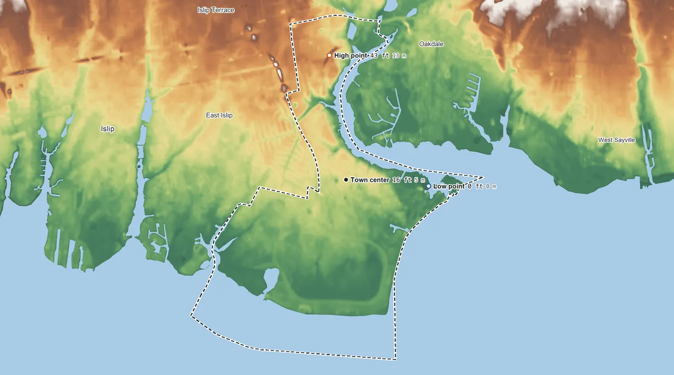 Topographic elevation map of Great River, New York, shaded from sea level level on Great South Bay to 43 ft on the north side