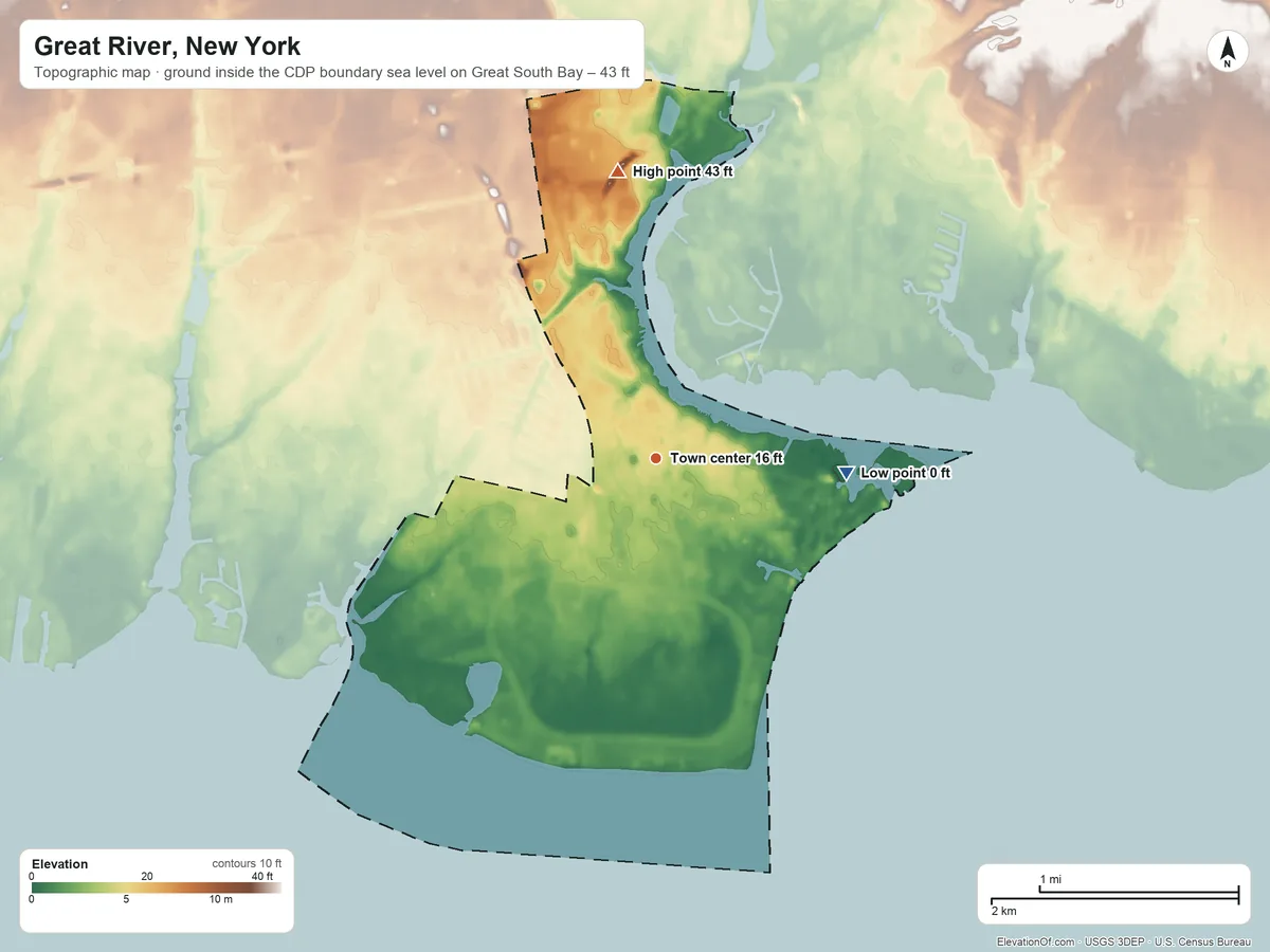 Topographic elevation map of Great River, New York, shaded from sea level level on Great South Bay to 43 ft on the north side
