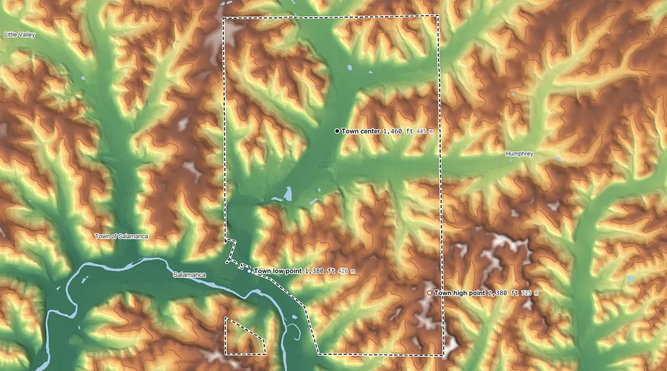 Topographic elevation map of Great Valley, New York, shaded from 1,380 ft on the southwest side to 2,380 ft on the southeast side