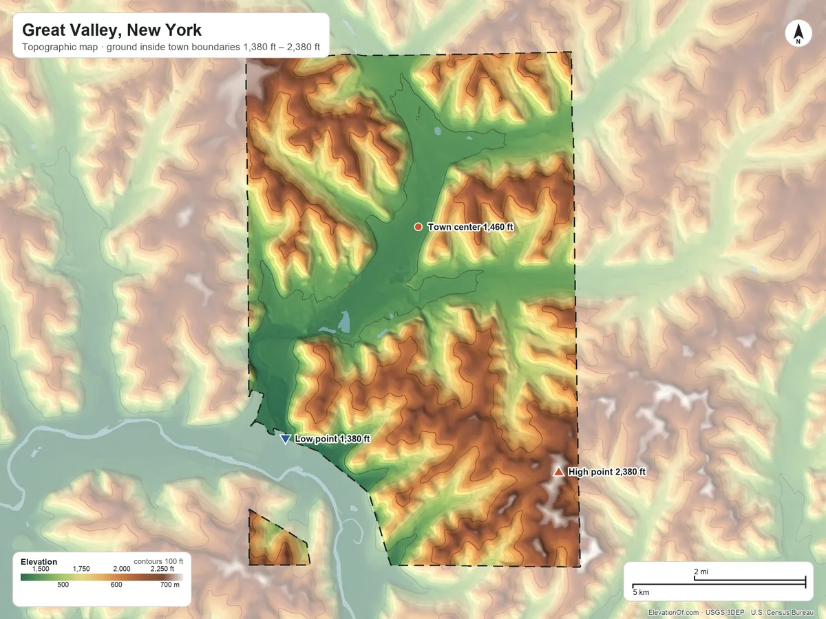 Topographic elevation map of Great Valley, New York, shaded from 1,380 ft on the southwest side to 2,380 ft on the southeast side