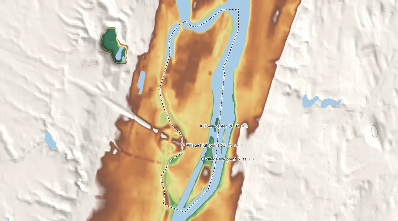 Topographic elevation map of Green Island, New York, shaded from 5 ft on the south side to 53 ft on the southwest edge, below higher ground just outside