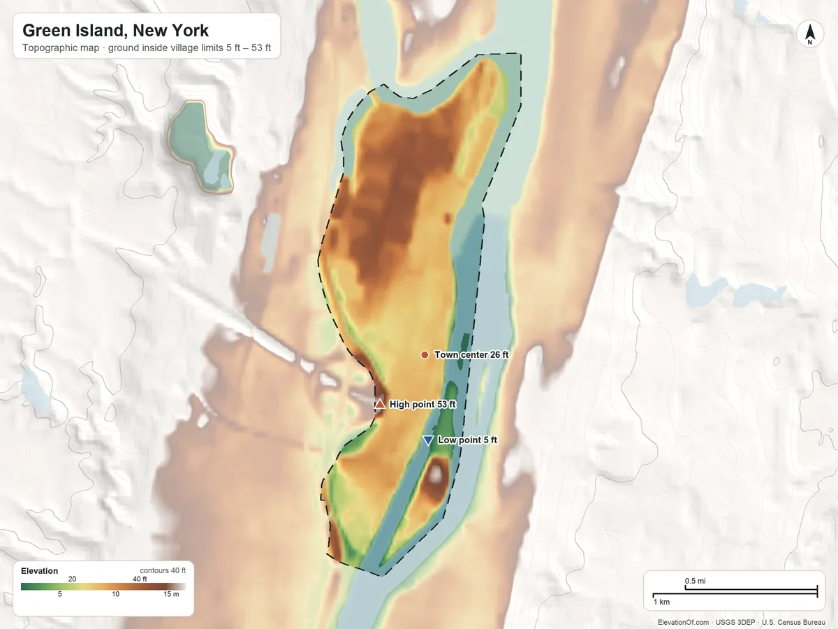 Topographic elevation map of Green Island, New York, shaded from 5 ft on the south side to 53 ft on the southwest edge, below higher ground just outside