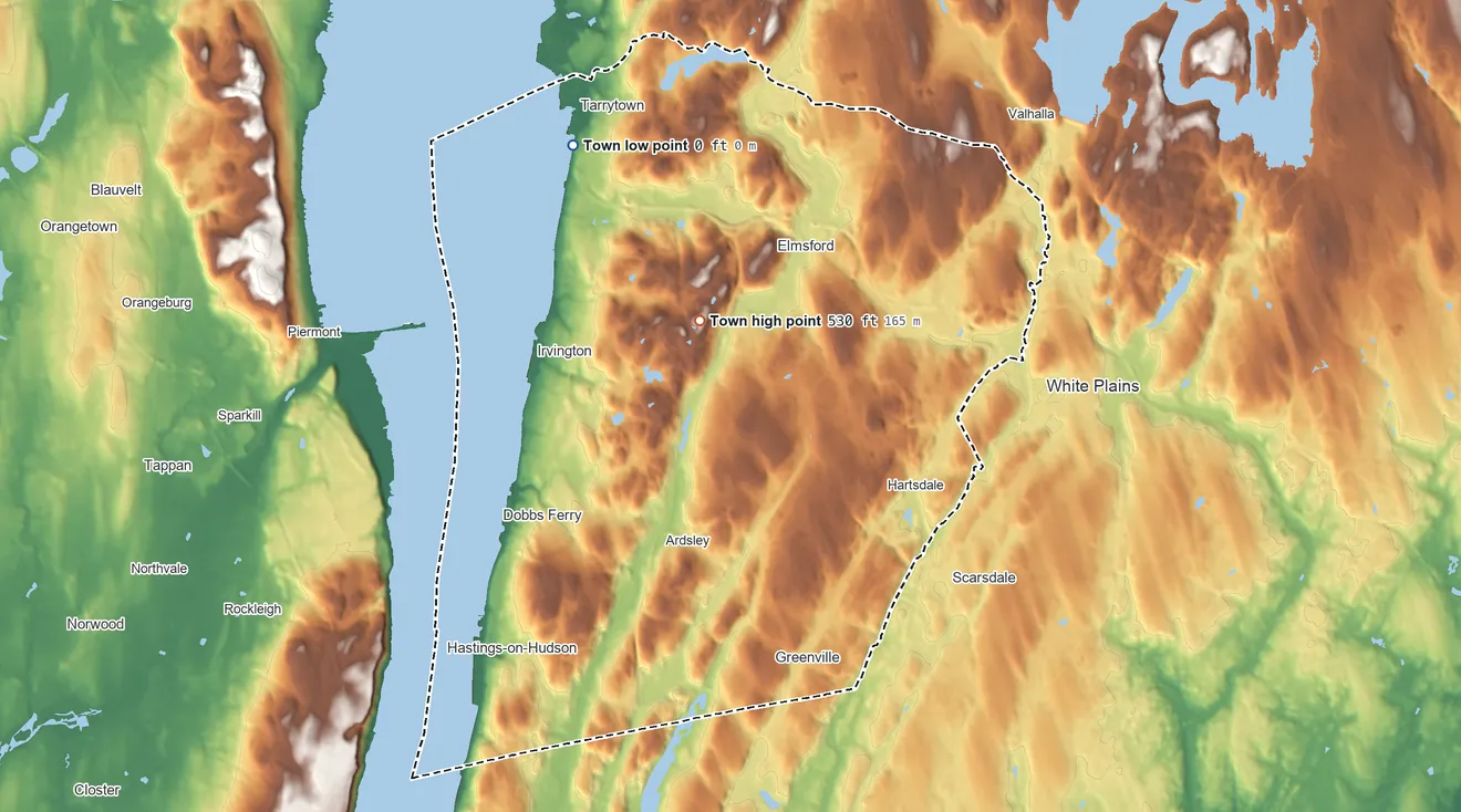 Topographic elevation map of Greenburgh, New York, shaded from 0 ft on the northwest side to 530 ft on the northwest side