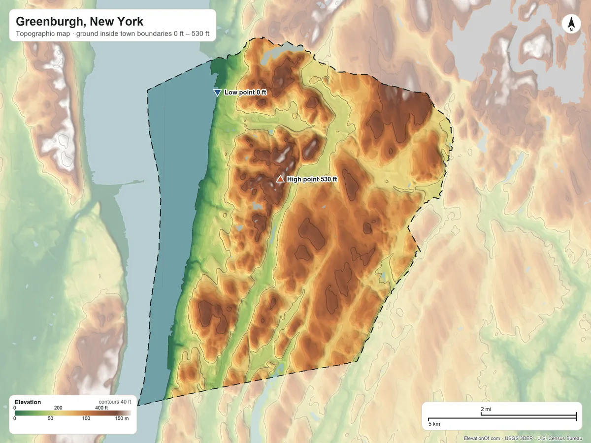 Topographic elevation map of Greenburgh, New York, shaded from 0 ft on the northwest side to 530 ft on the northwest side