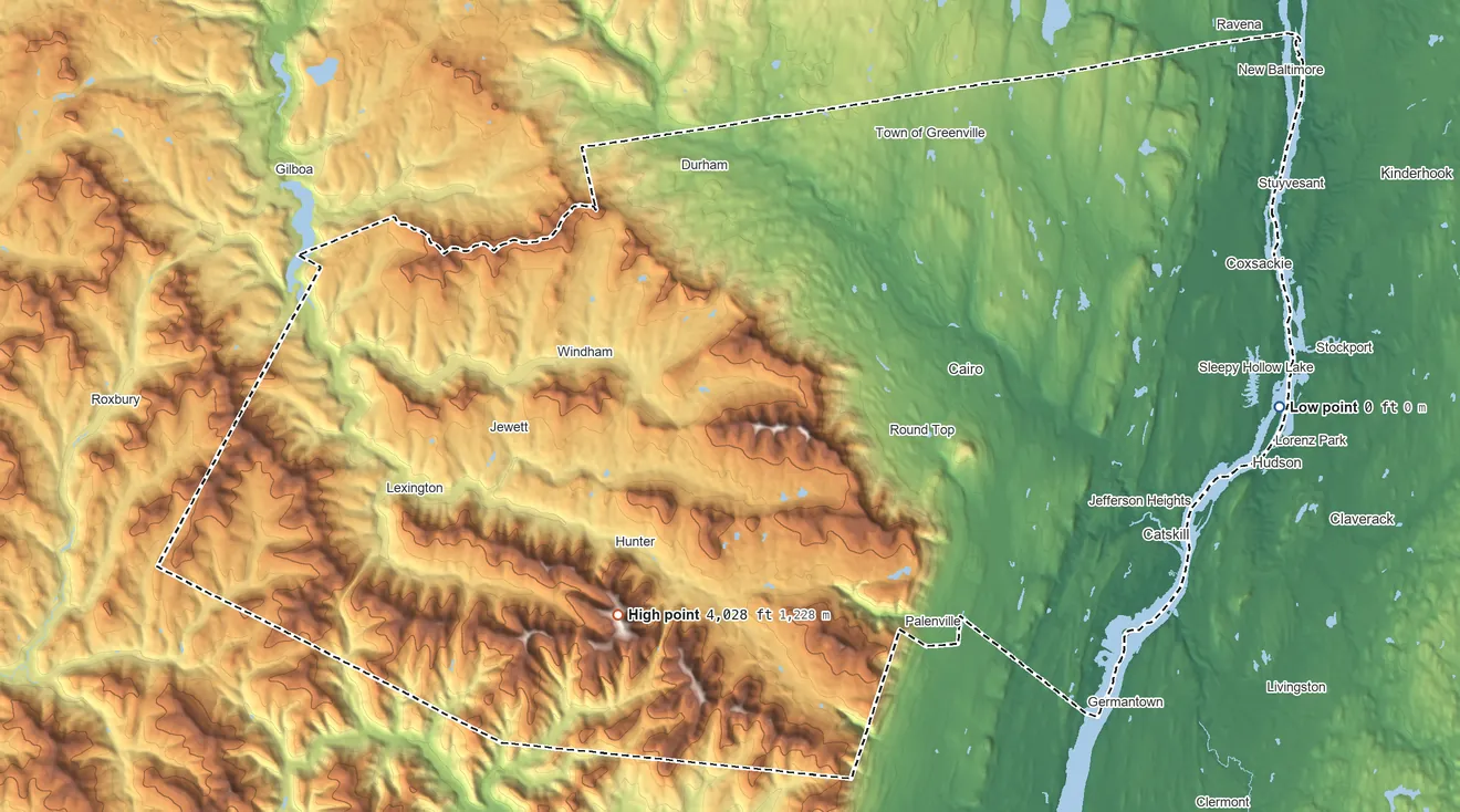Topographic elevation map of Greene County, New York, shaded from 0 ft on the east side to 4,028 ft on Hunter Mountain