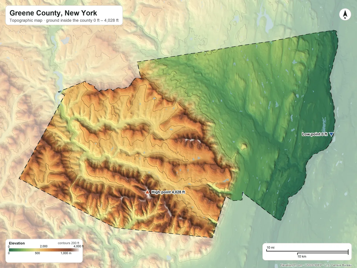 Topographic elevation map of Greene County, New York, shaded from 0 ft on the east side to 4,028 ft on Hunter Mountain