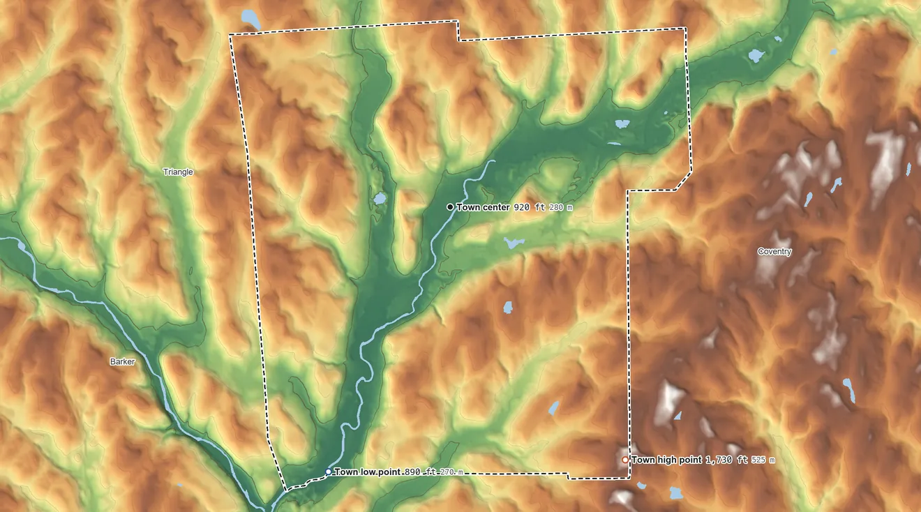 Topographic elevation map of Greene, New York, shaded from 890 ft on the southwest side to 1,730 ft on the southeast side