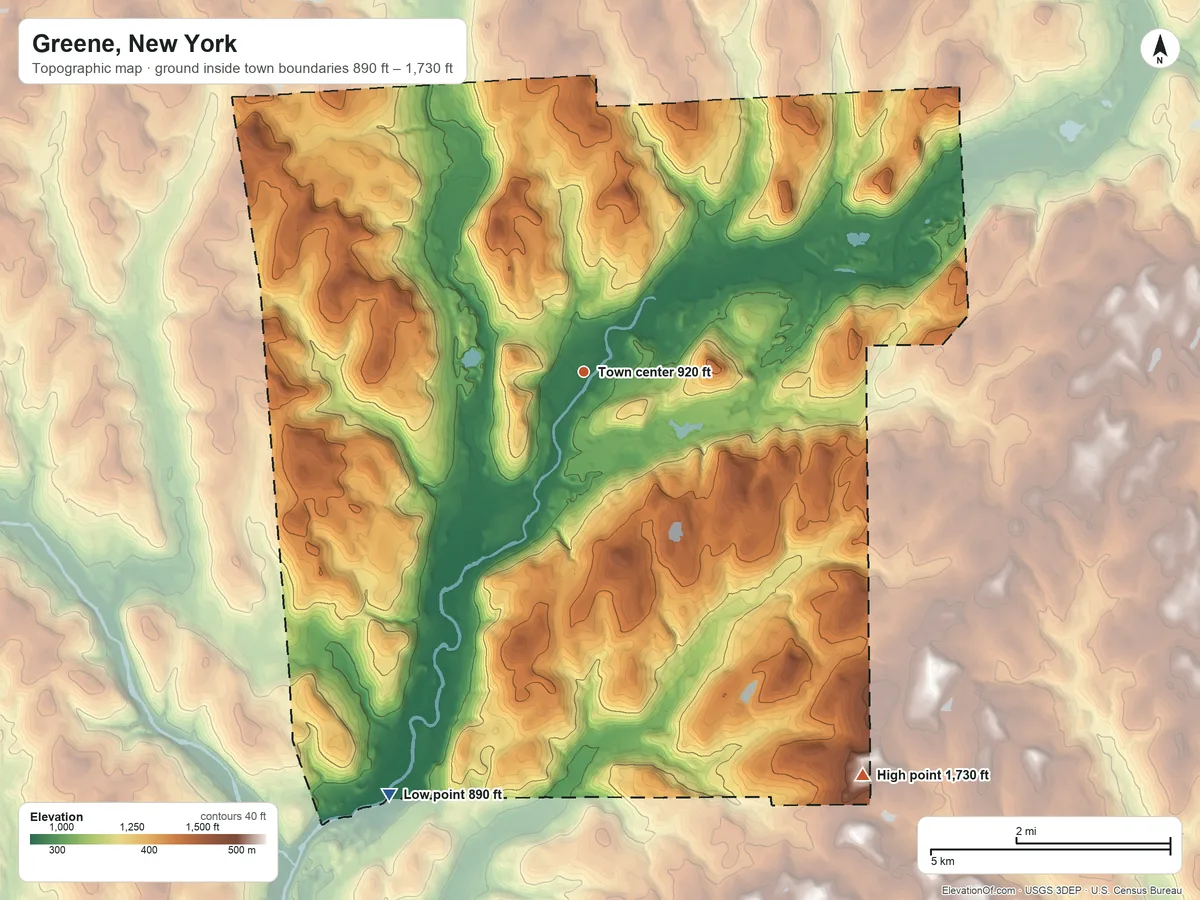 Topographic elevation map of Greene, New York, shaded from 890 ft on the southwest side to 1,730 ft on the southeast side