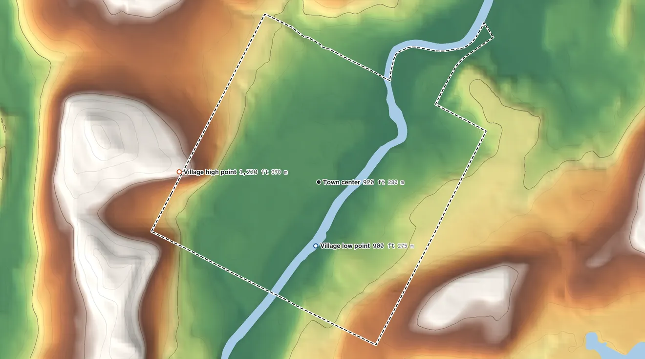 Topographic elevation map of Village of Greene, New York, shaded from 900 ft on the south side to 1,220 ft on the west side