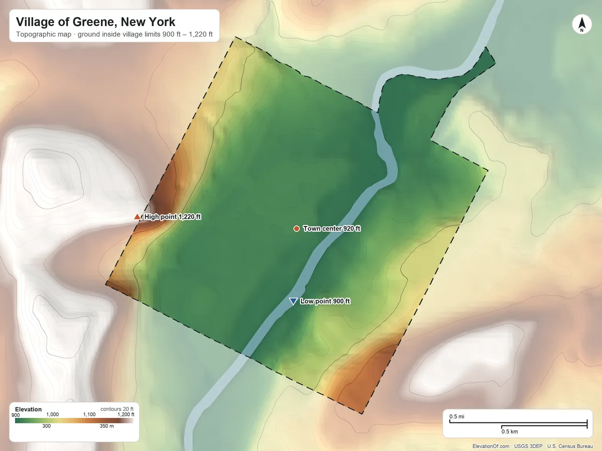 Topographic elevation map of Village of Greene, New York, shaded from 900 ft on the south side to 1,220 ft on the west side