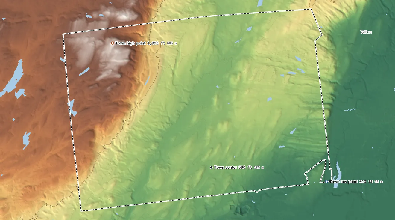 Topographic elevation map of Greenfield, New York, shaded from 310 ft on the east side to 1,990 ft on the northwest side