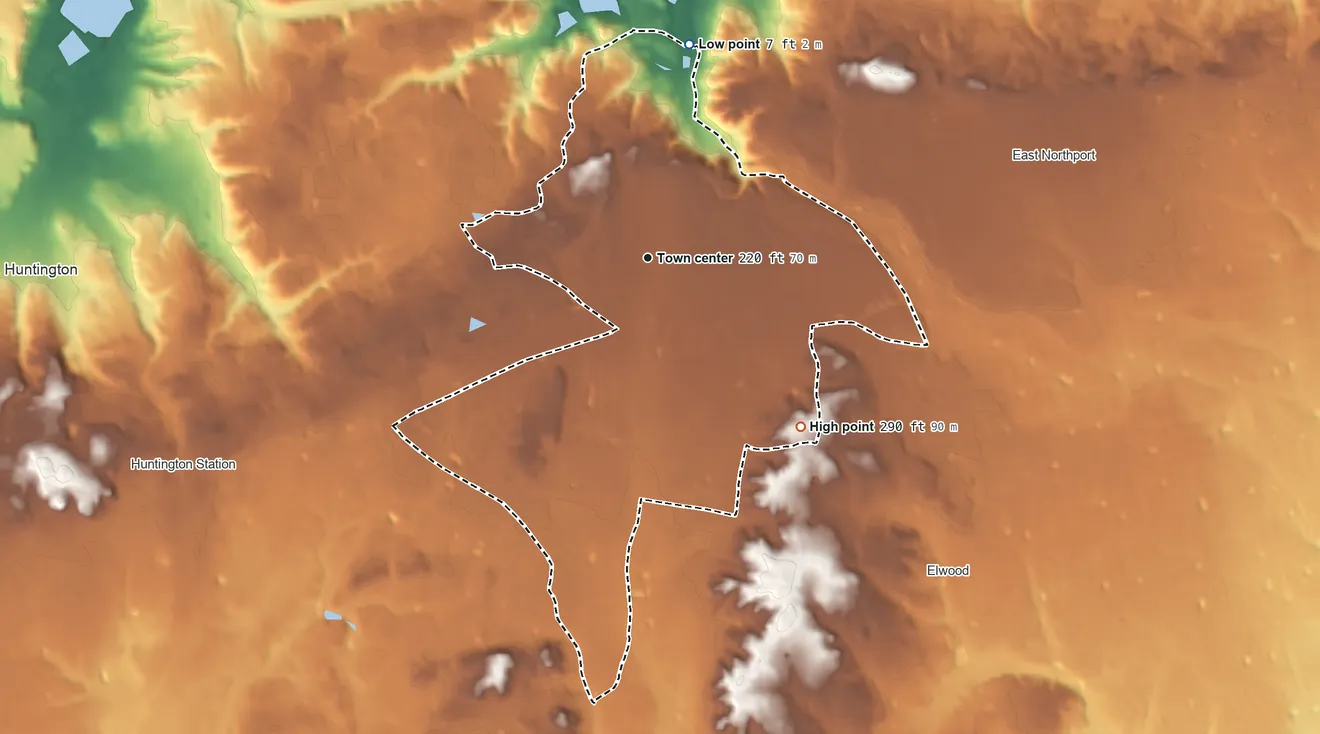 Topographic elevation map of Greenlawn, New York, shaded from 7 ft on the north side to 290 ft on the southeast side