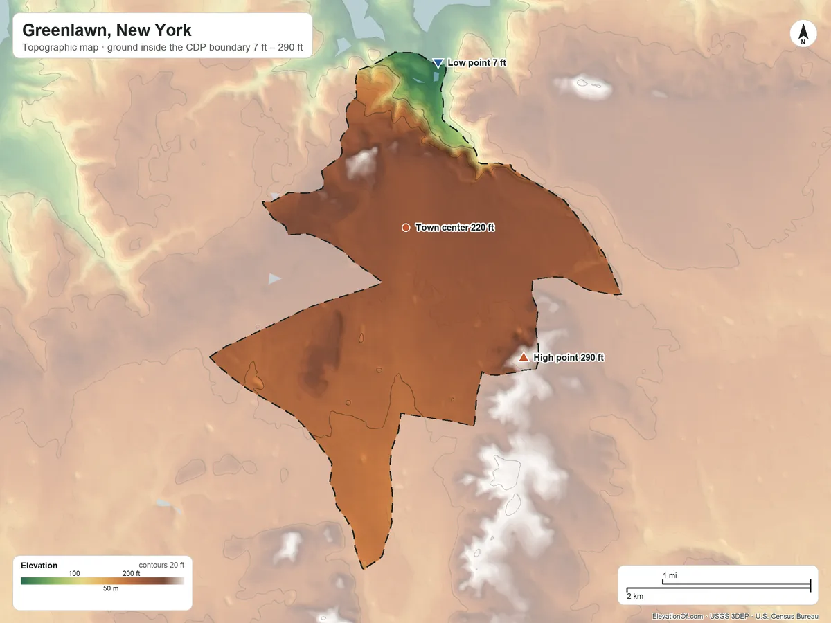 Topographic elevation map of Greenlawn, New York, shaded from 7 ft on the north side to 290 ft on the southeast side