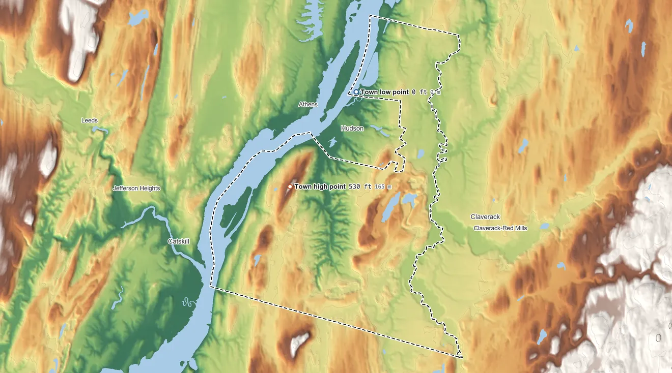 Topographic elevation map of Greenport, New York, shaded from 0 ft on the northwest side to 530 ft on Mount Merino