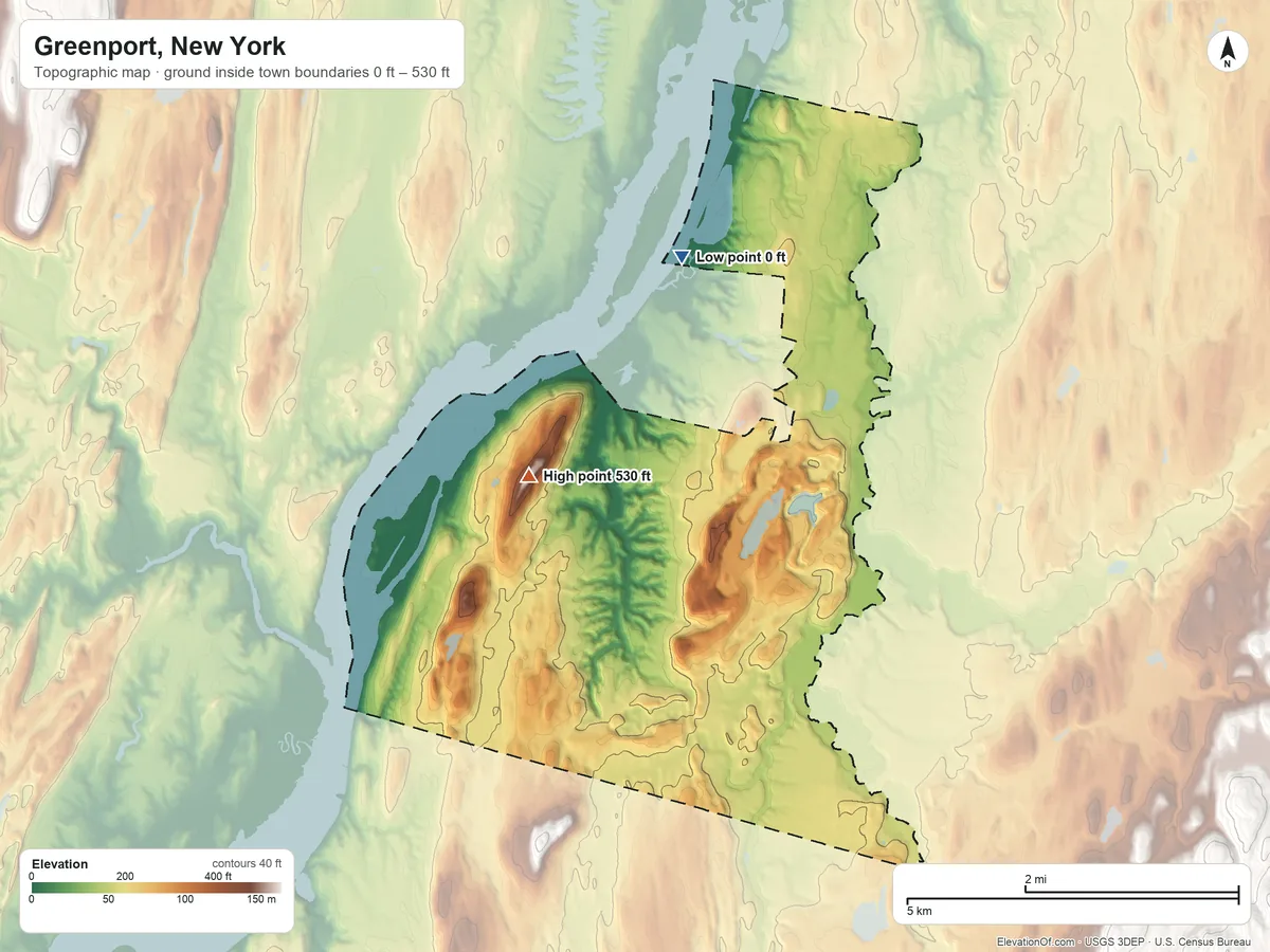 Topographic elevation map of Greenport, New York, shaded from 0 ft on the northwest side to 530 ft on Mount Merino