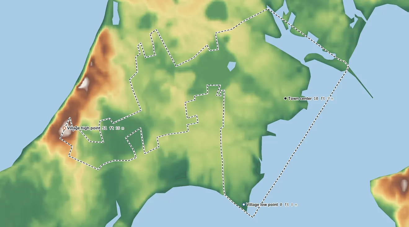 Topographic elevation map of Village of Greenport, New York, shaded from sea level level on Greenport Harbor to 51 ft on the west side