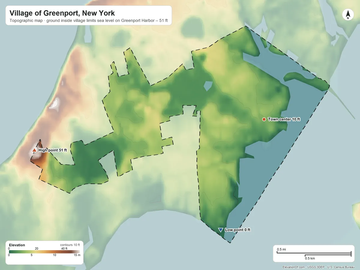 Topographic elevation map of Village of Greenport, New York, shaded from sea level level on Greenport Harbor to 51 ft on the west side