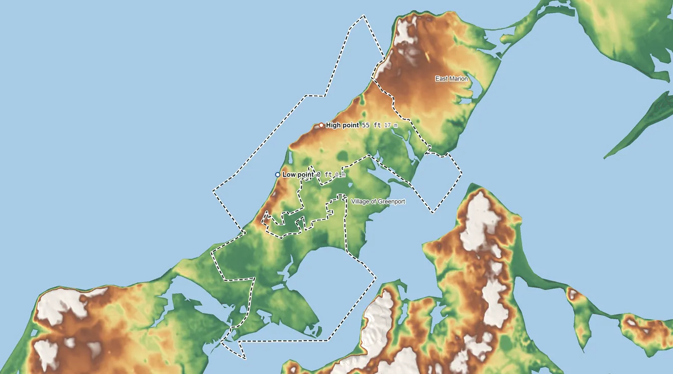 Topographic elevation map of Greenport West, New York, shaded from sea level level on Long Island Sound to 55 ft on the north side