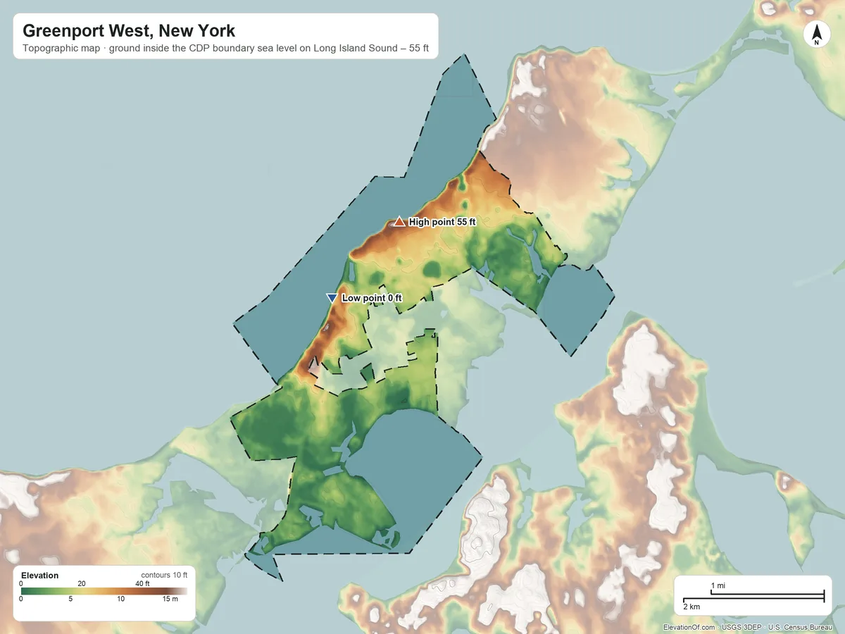 Topographic elevation map of Greenport West, New York, shaded from sea level level on Long Island Sound to 55 ft on the north side