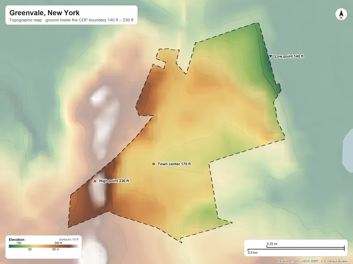 Topographic elevation map of Greenvale, New York, shaded from 140 ft on the northeast side to 230 ft on the west side