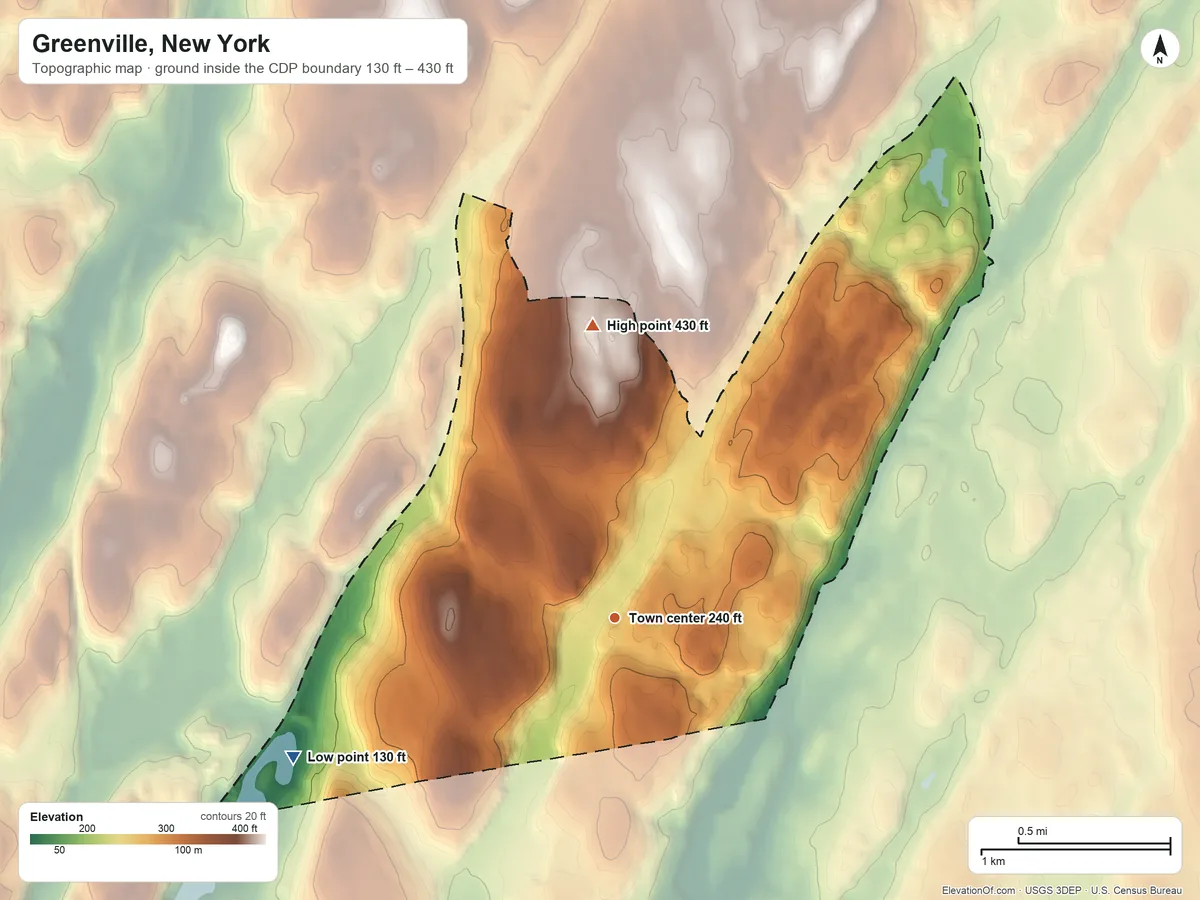 Topographic elevation map of Greenville, New York, shaded from 130 ft on the southwest side to 430 ft on the north side