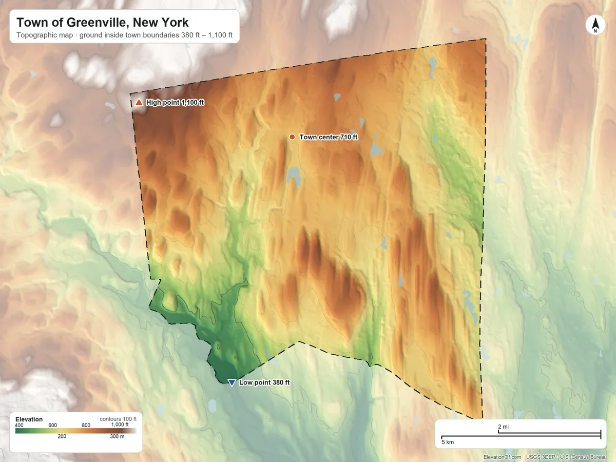 Topographic elevation map of Town of Greenville, New York, shaded from 380 ft on the south side to 1,100 ft on the west side