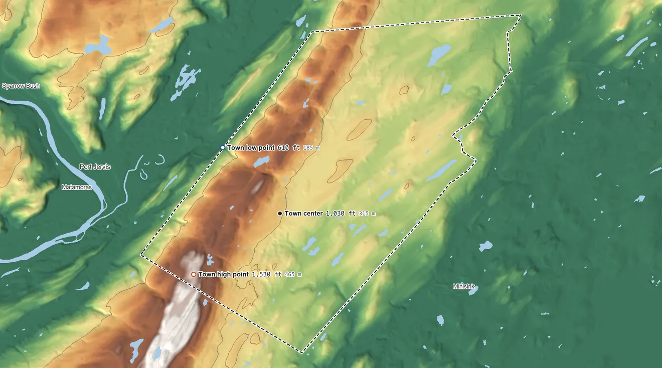 Topographic elevation map of Town of Greenville, New York, shaded from 610 ft on the northwest side to 1,530 ft on the southwest side