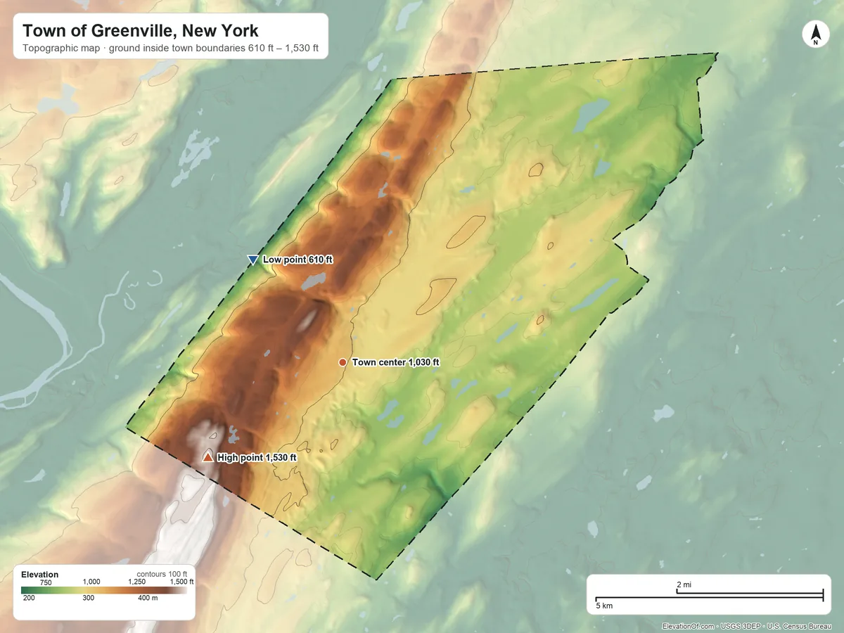 Topographic elevation map of Town of Greenville, New York, shaded from 610 ft on the northwest side to 1,530 ft on the southwest side