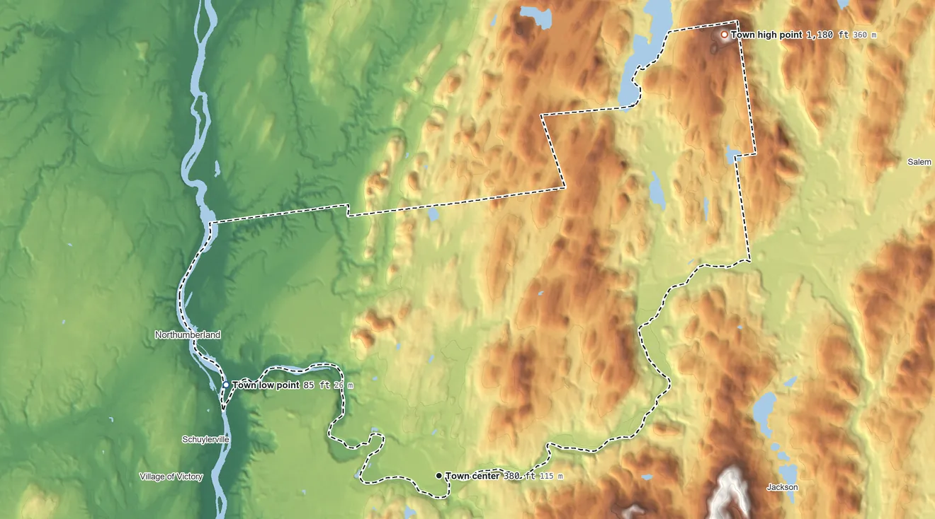 Topographic elevation map of Greenwich, New York, shaded from 85 ft on the northwest side to 1,180 ft on the northeast side