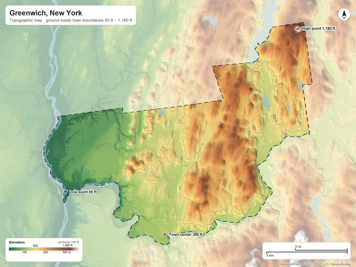 Topographic elevation map of Greenwich, New York, shaded from 85 ft on the northwest side to 1,180 ft on the northeast side