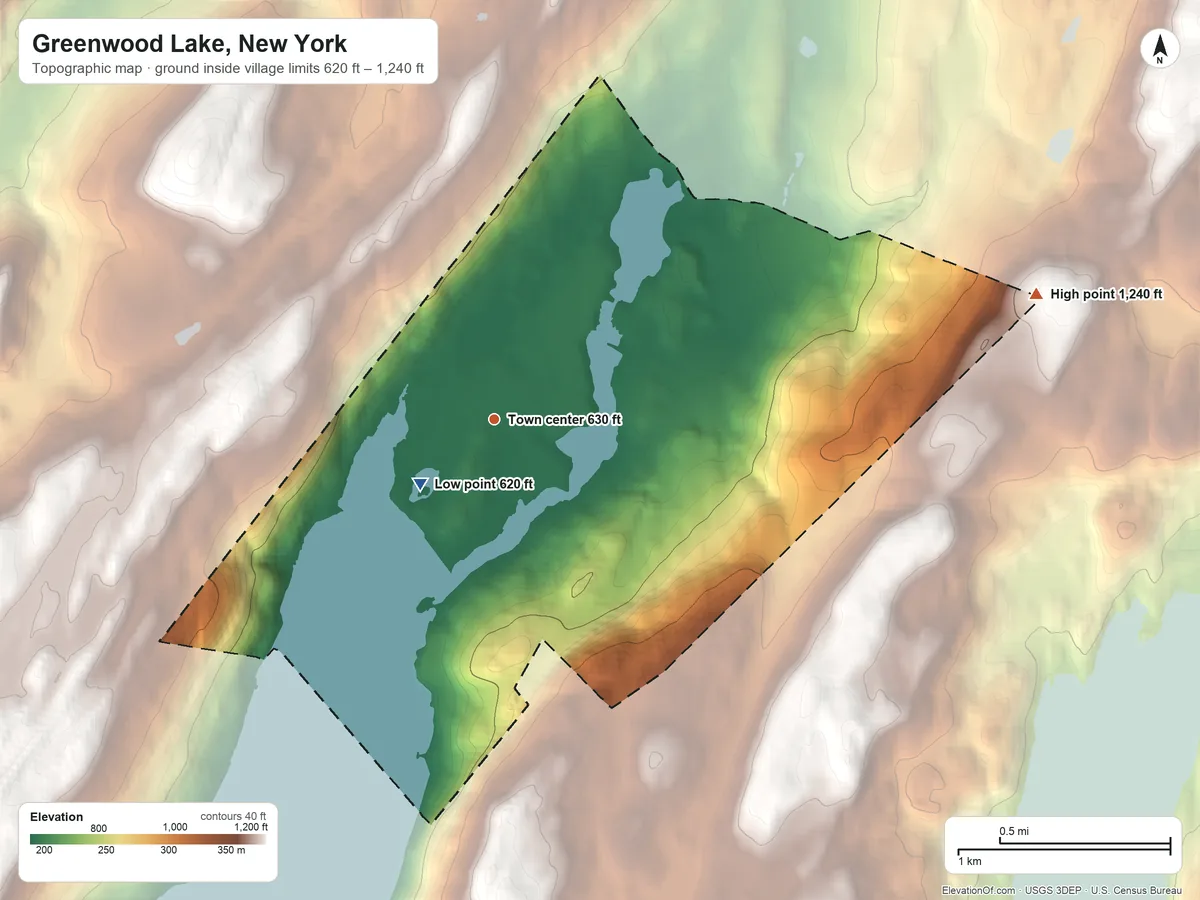 Topographic elevation map of Greenwood Lake, New York, shaded from 620 ft near the middle to 1,240 ft on the east side