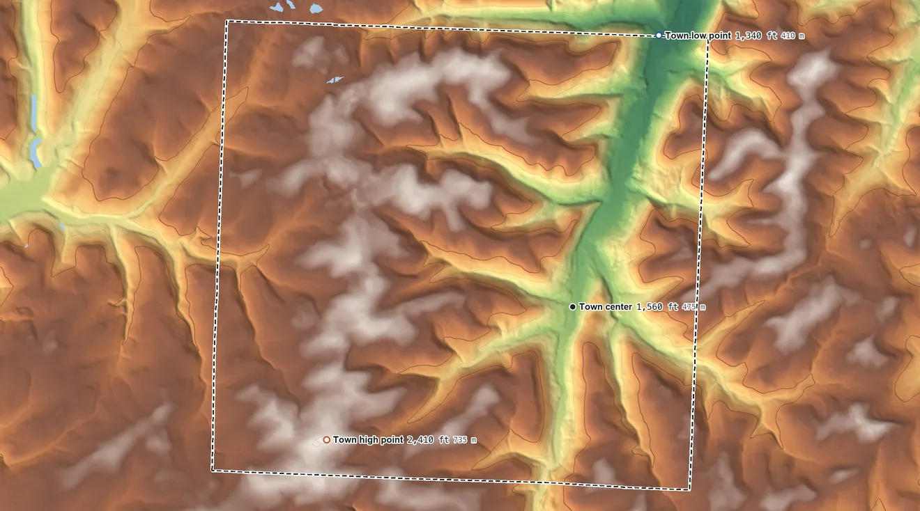 Topographic elevation map of Greenwood, New York, shaded from 1,340 ft on the north side to 2,410 ft on the southwest side