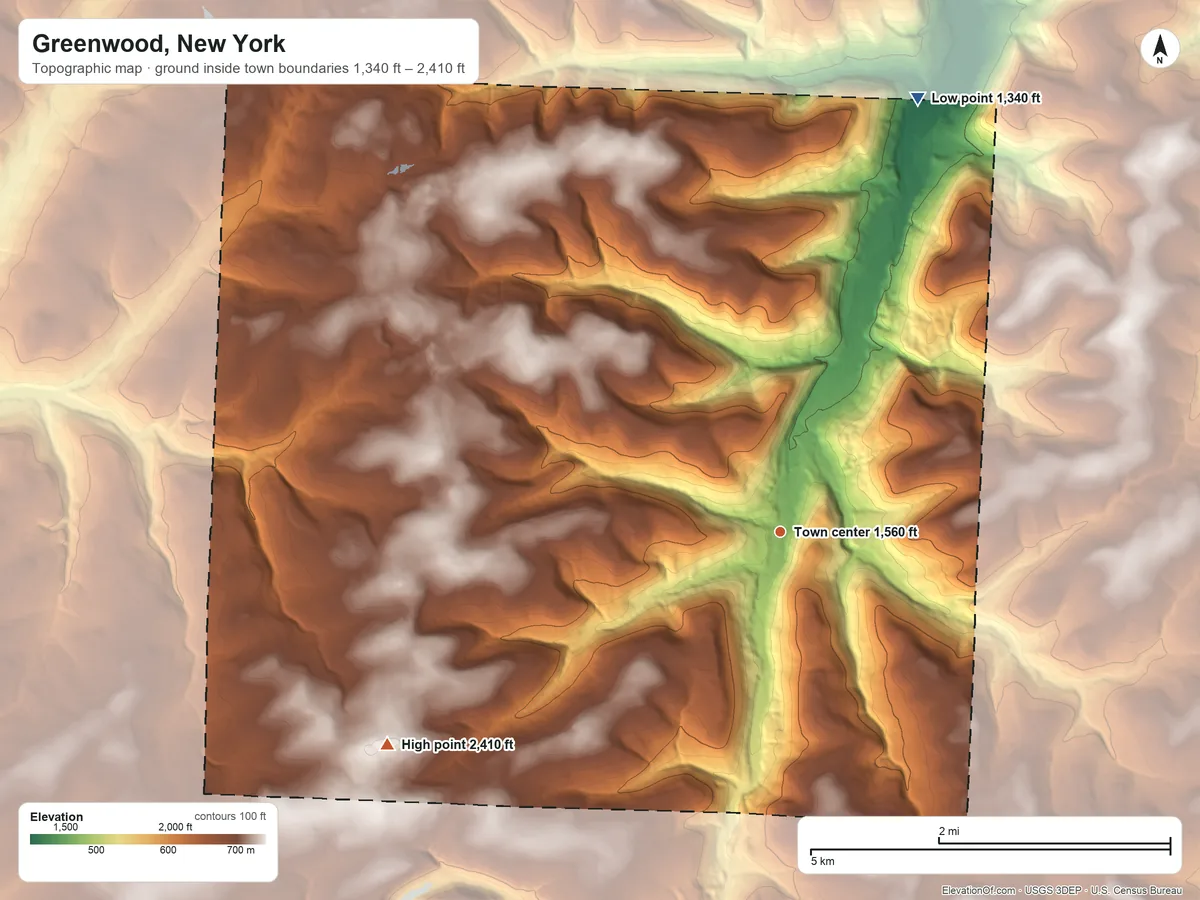 Topographic elevation map of Greenwood, New York, shaded from 1,340 ft on the north side to 2,410 ft on the southwest side