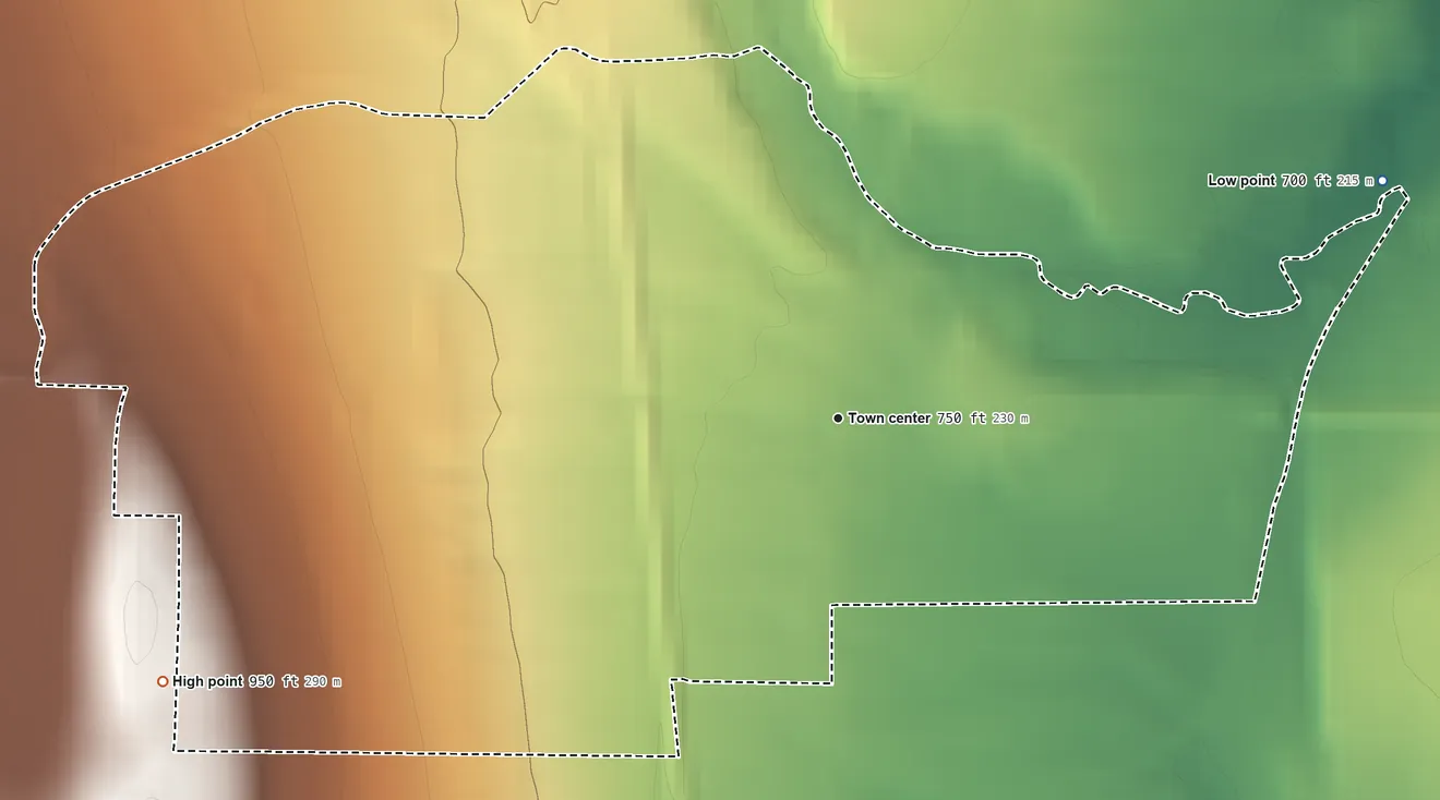 Topographic elevation map of Greigsville, New York, shaded from 700 ft on the northeast side to 950 ft on the west side