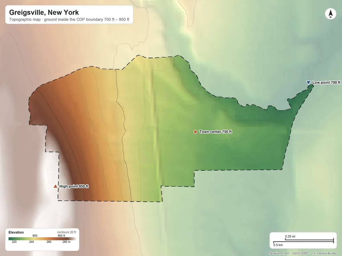 Topographic elevation map of Greigsville, New York, shaded from 700 ft on the northeast side to 950 ft on the west side