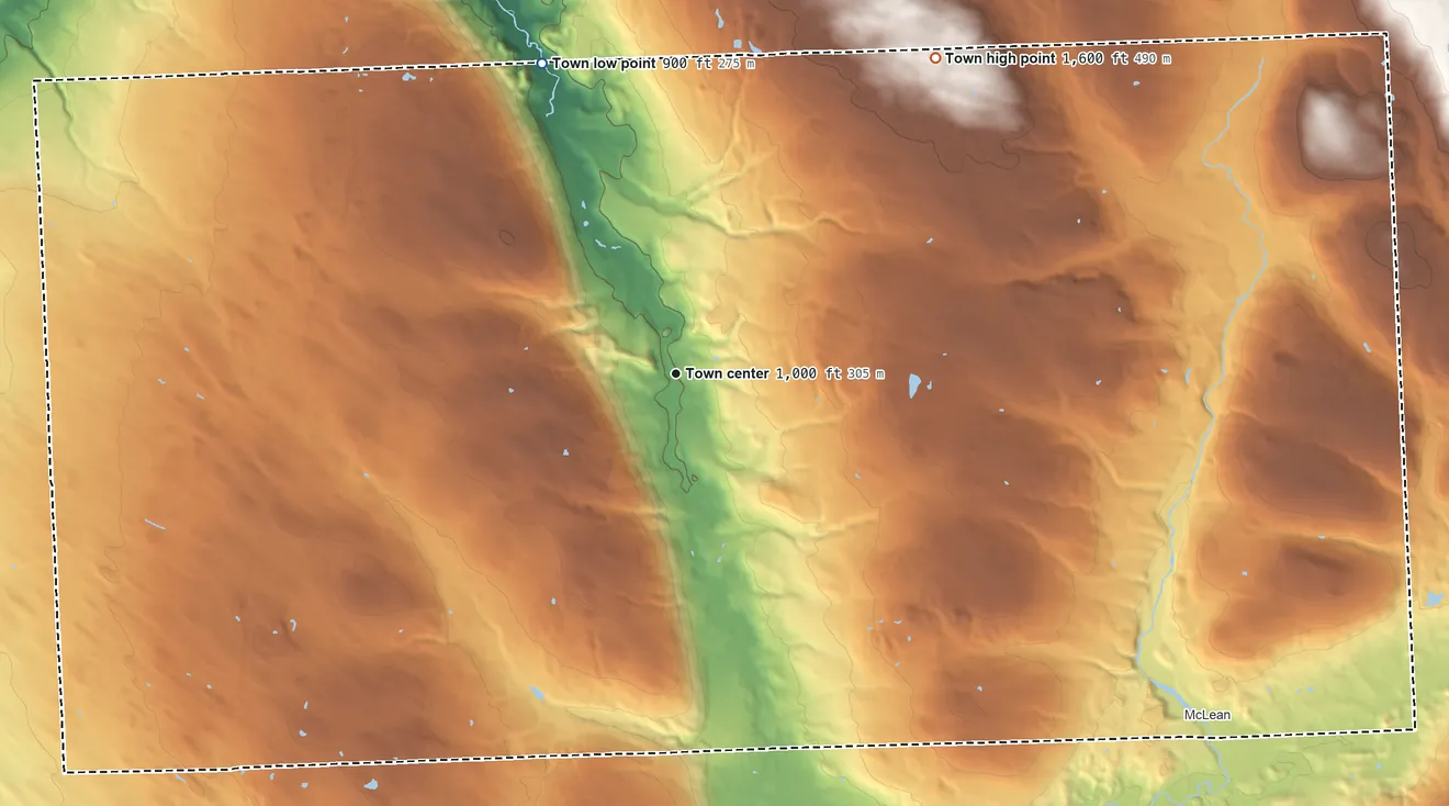 Topographic elevation map of Groton, New York, shaded from 900 ft on the northwest side to 1,600 ft on the northeast side