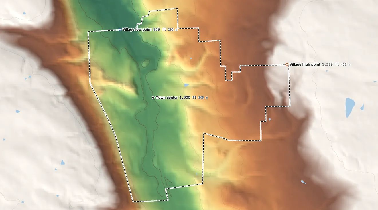 Topographic elevation map of Village of Groton, New York, shaded from 960 ft on the northwest side to 1,370 ft on the east side