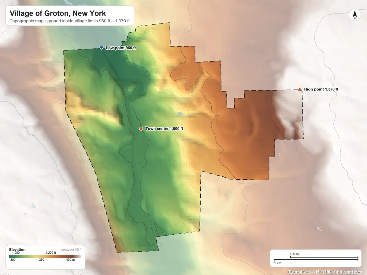 Topographic elevation map of Village of Groton, New York, shaded from 960 ft on the northwest side to 1,370 ft on the east side