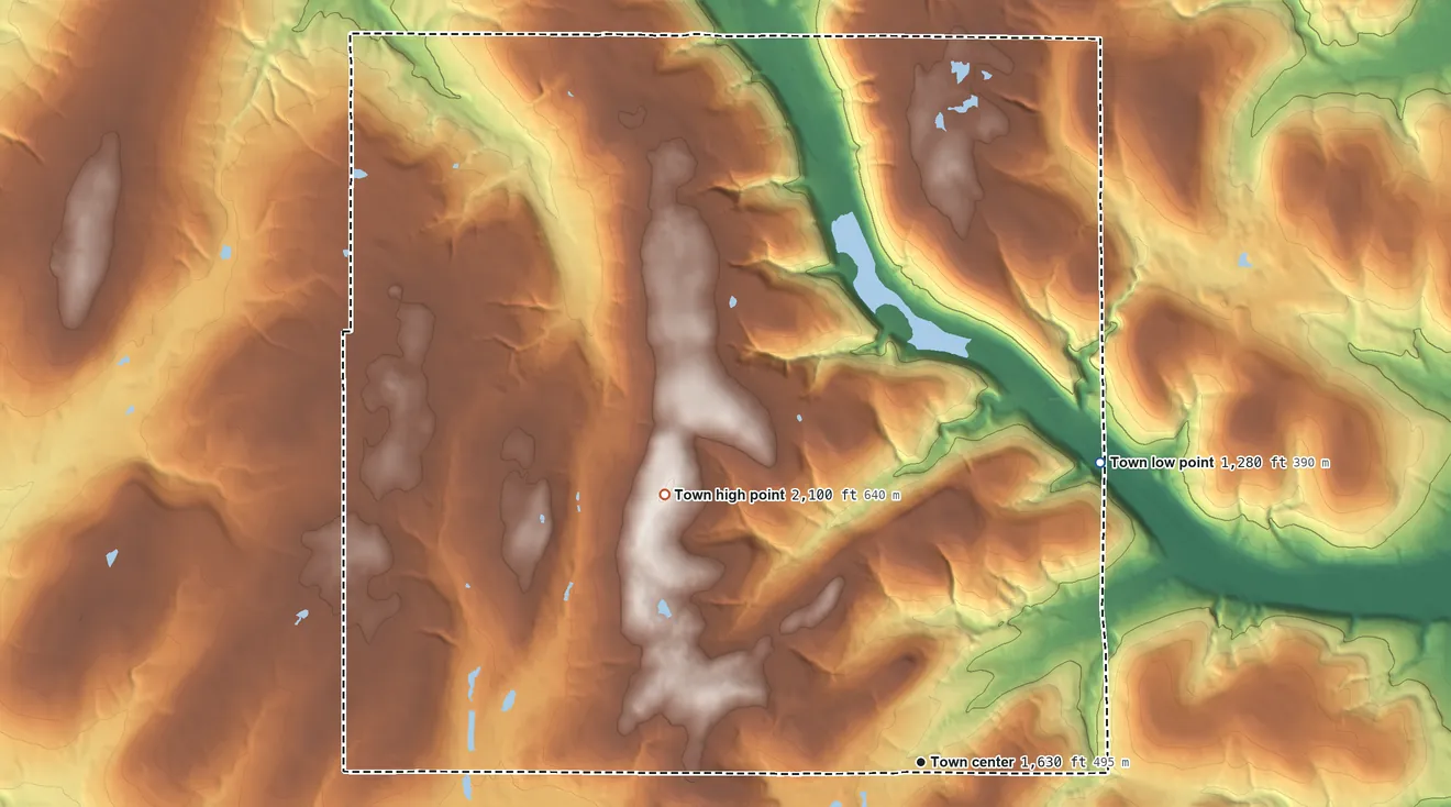 Topographic elevation map of Grove, New York, shaded from 1,280 ft on the northeast side to 2,100 ft on the northwest side