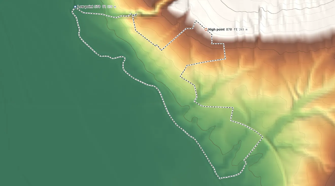 Topographic elevation map of Groveland Station, New York, shaded from 570 ft on the northwest side to 870 ft on the northeast edge, below higher ground just outside