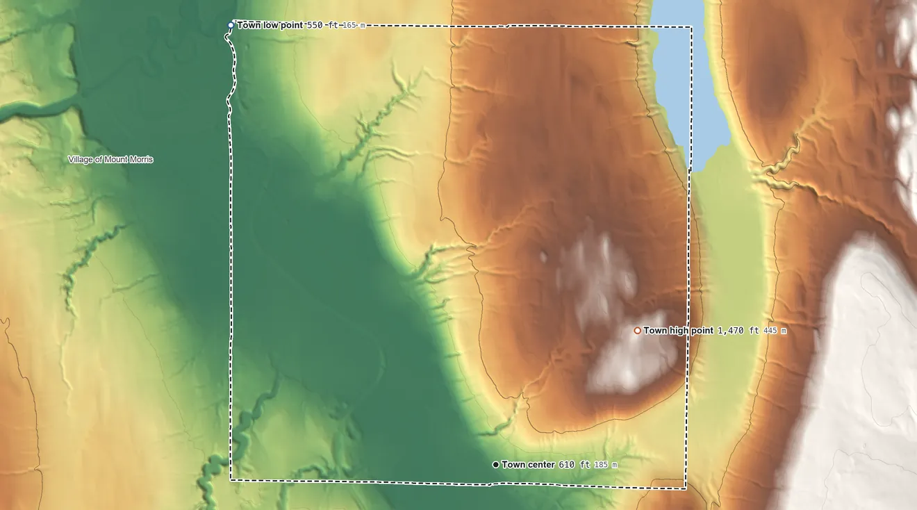 Topographic elevation map of Groveland, New York, shaded from 550 ft on the northwest side to 1,470 ft on the northeast side