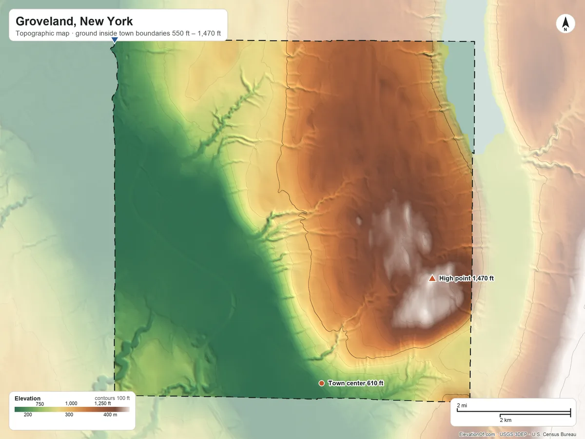 Topographic elevation map of Groveland, New York, shaded from 550 ft on the northwest side to 1,470 ft on the northeast side