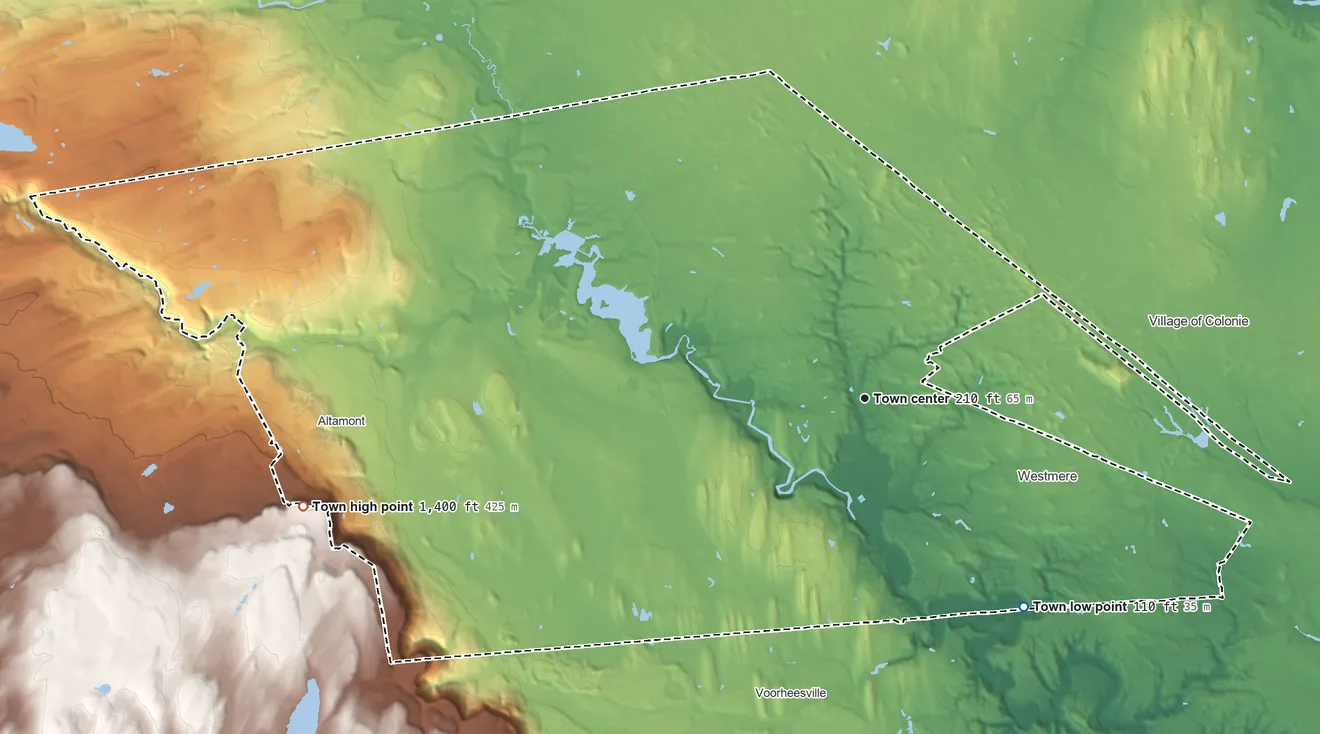 Topographic elevation map of Guilderland, New York, shaded from 110 ft on the southeast side to 1,400 ft on the west side
