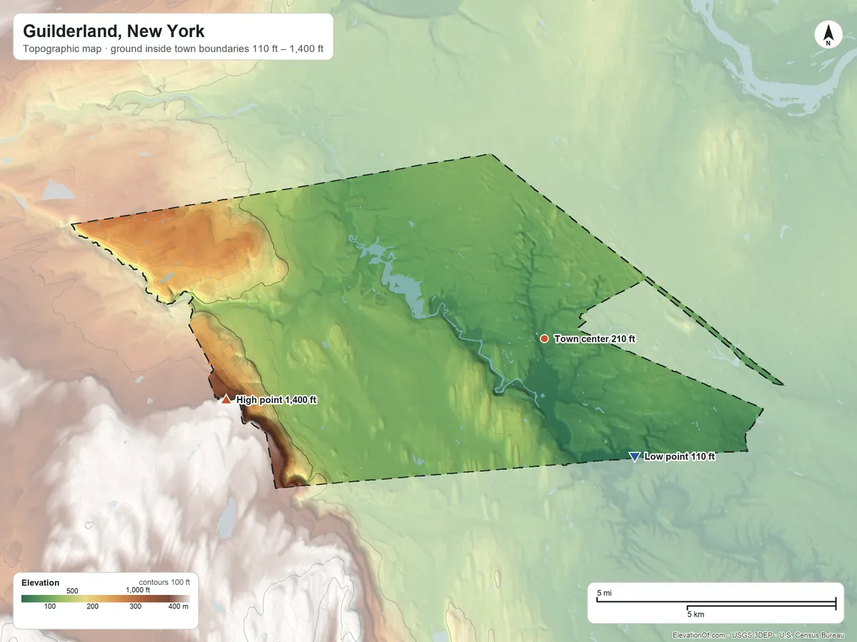 Topographic elevation map of Guilderland, New York, shaded from 110 ft on the southeast side to 1,400 ft on the west side
