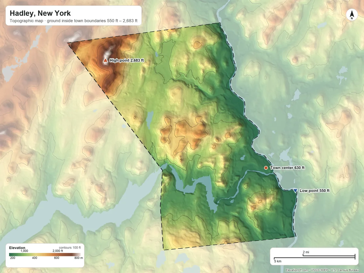 Topographic elevation map of Hadley, New York, shaded from 550 ft on the southeast side to 2,683 ft on West Mountain