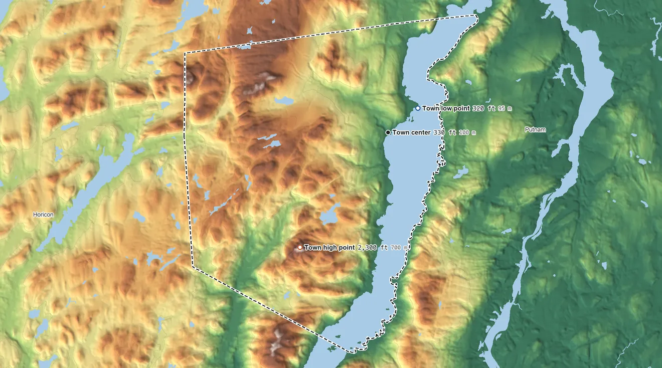 Topographic elevation map of Hague, New York, shaded from 320 ft near the middle to 2,300 ft on Catamount Mountain