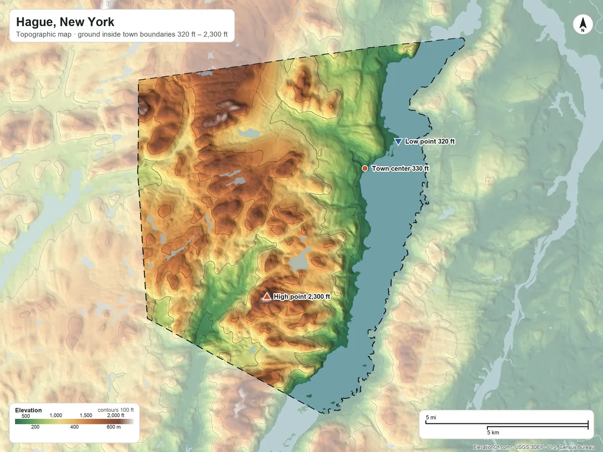 Topographic elevation map of Hague, New York, shaded from 320 ft near the middle to 2,300 ft on Catamount Mountain